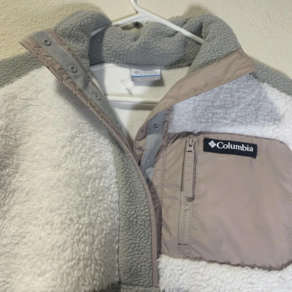 Columbia Womens Sherpa 1/4 Snap Crop Fleece Pullover Tan White Soft Warm Small - Picture 4 of 8